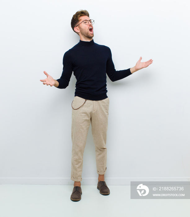 young full body man performing opera or singing at a concert or show, feeling romantic, artistic and passionate against white background