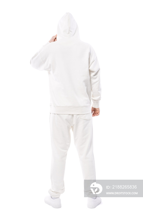 Man wearing blank white hoodie and pants on white background