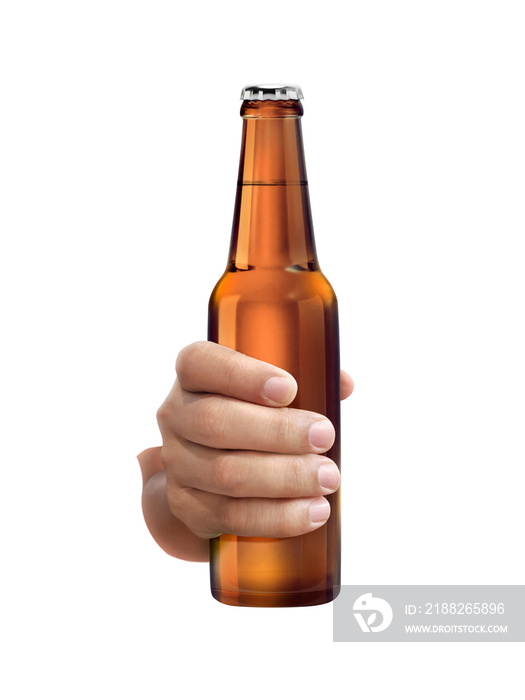 A man holding Beer bottle isolated on white background