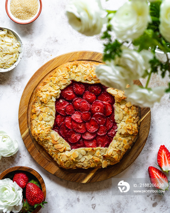 Galette pie cake with strawberry and ice cream spring brunch dessert ideas. top view. food flat lay. homemade backing