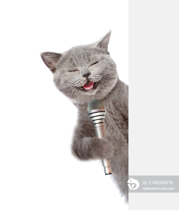 Cat holds microphone behind white banner. isolated on white background