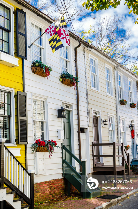 Traditional Wooden Terraced Houses along a Brick Sidewalk in Annapolis MD, on a Sunny Day