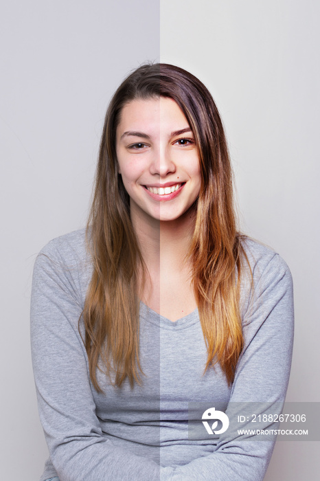 Young woman portrait without retouch and makeup and with retouch