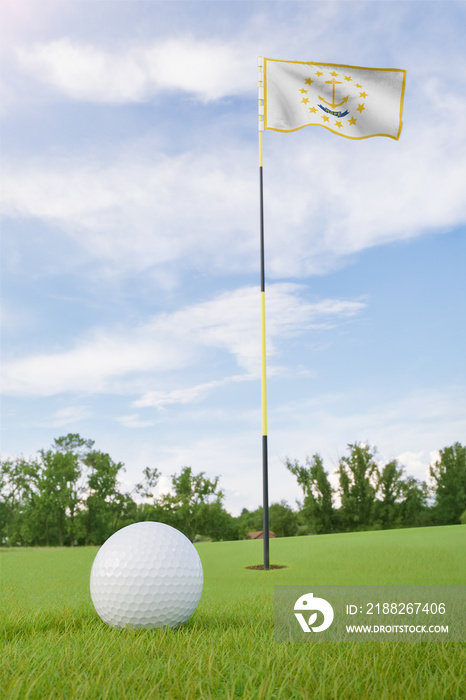 Rhode Island flag on golf course putting green with a ball near the hole