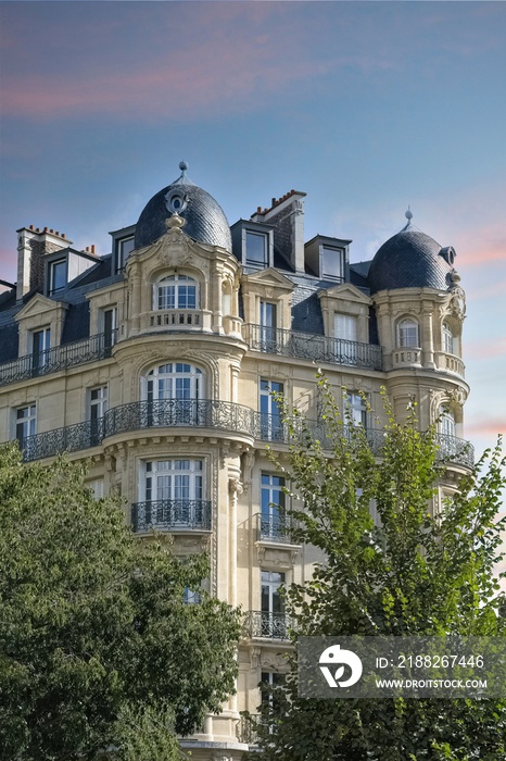 Paris, beautiful building in a luxury neighborhood, typical Haussmann facades