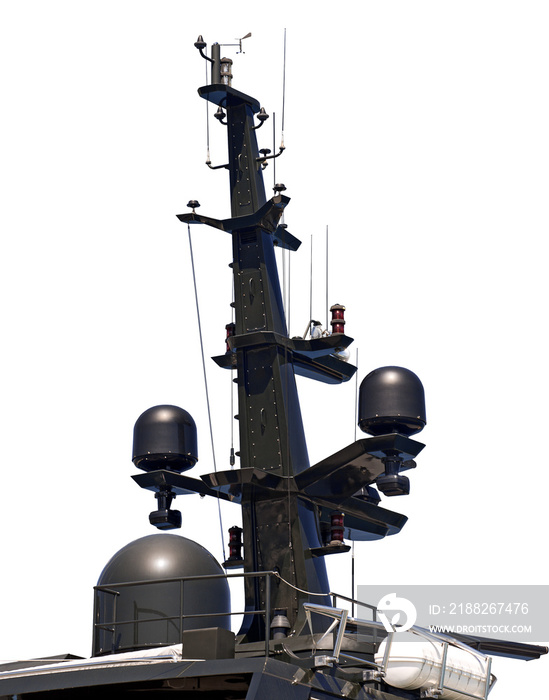 Close-up of a luxury yacht superstructure with navigation equipment, radar and antennas, isolated on white background.