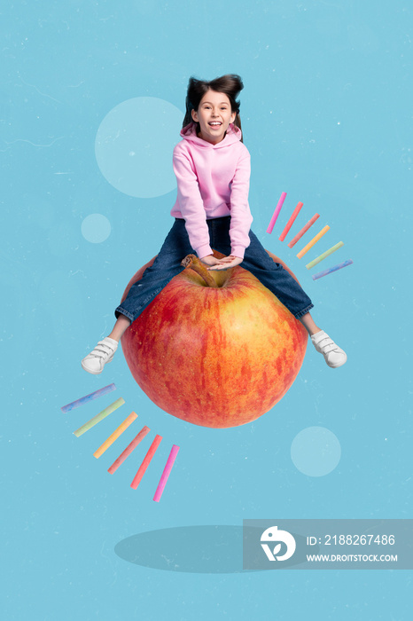 Vertical collage picture of overjoyed excited girl jump huge apple isolated on painted blue background