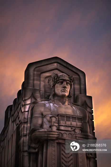 Guardian of Traffic in cleveland ohio with a fiery sunset