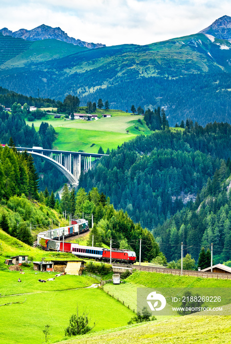 Freight train at the Brenner Railway in the Austrian Alps