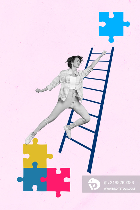 Vertical creative collage image of excited positive person black white gamma climb ladder reach puzzle piece isolated on drawing background