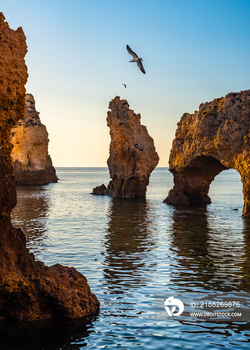 Cliffs of Ponta da Piedade in Lagos Portugal in the morning light.