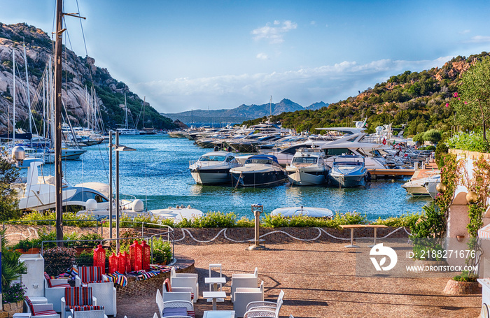 The scenic harbor of Poltu Quatu, Costa Smeralda, Sardinia, Italy