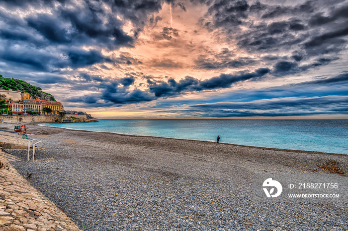 Sunrise over the beach in Nice, France