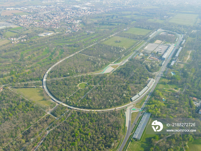 Aerial view of The Autodromo Nazionale of Monza, that is a race track located near the city of Monza, north of Milan, in Italy. Drone photography of the circuit in Monza, Lombardia, Brianza.