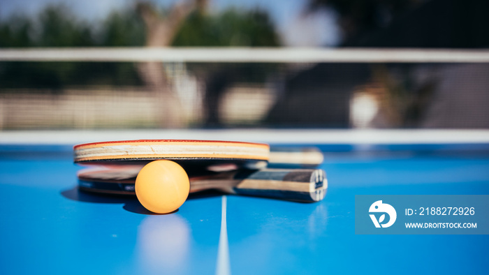 Two table tennis rackets next to the ball and the net in the background