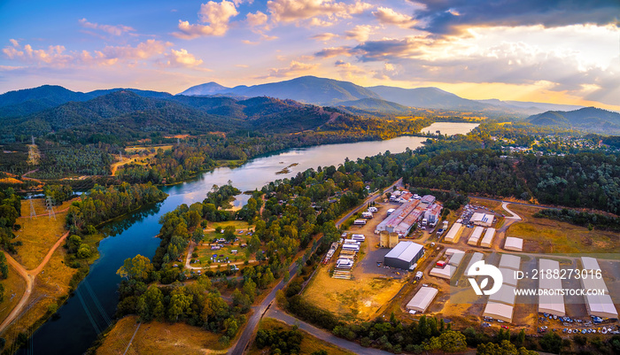 Aerial panorama of Goulburn River and mountains at sunset. Eildon, Victoria, Australia