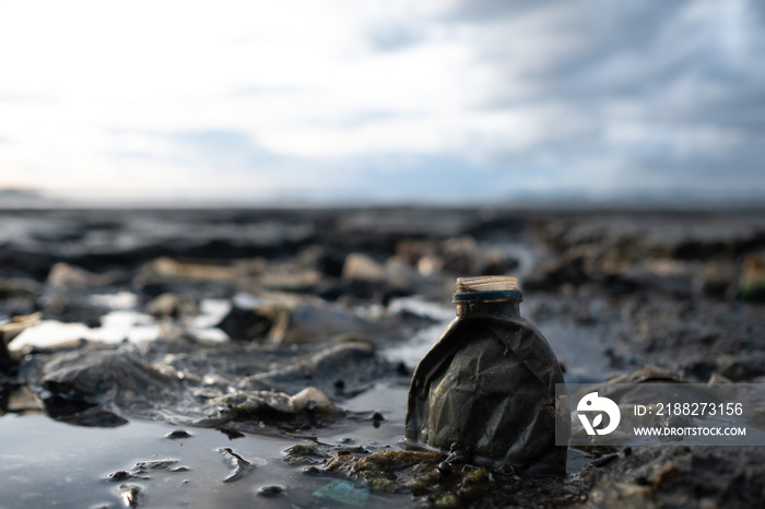 garbage on the beach, dirty sea