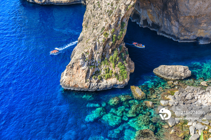 Blue Grotto in Malta.  The sea cave is located near Wied iż-Żurrieq south of Żurrieq in the southwest of the island of Malta.