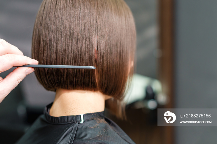 Close up of a hairdresser combs the short brown hair of her client in beauty salon background. Professional hair care concept.