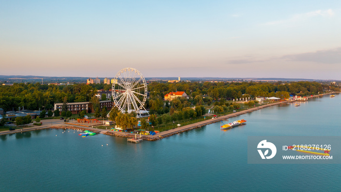 Siofok hungary Golden beach. Amazing aerial panoramic landscape about the Plazs beacch side in the bank of lake Balaton. This lake is the Hungarian sea