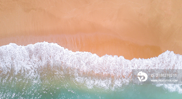 Aerial view of tropical sandy beach and ocean. Copy space