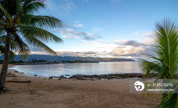 View of park and tropical beach in Haleiwa, North shore of Oahu, Hawaii