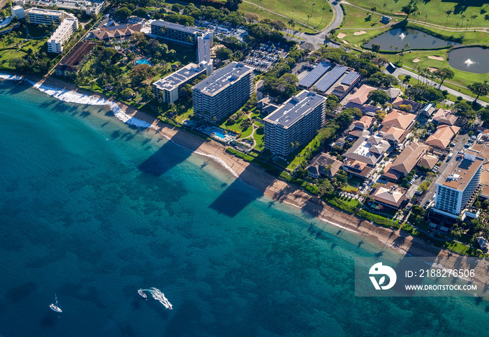 Aerial view on Kaanapali with beaches, resorts and boats.