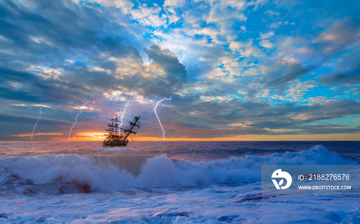 Sailing old ship in storm sea on the background heavy clouds with lightning at sunset