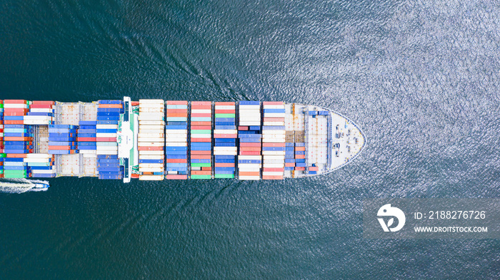 Aerial top view Container carrier ship and business logistic commercial intermodal freight transport in import export, Cargo ship of international travel sea freight around the world, Container ship