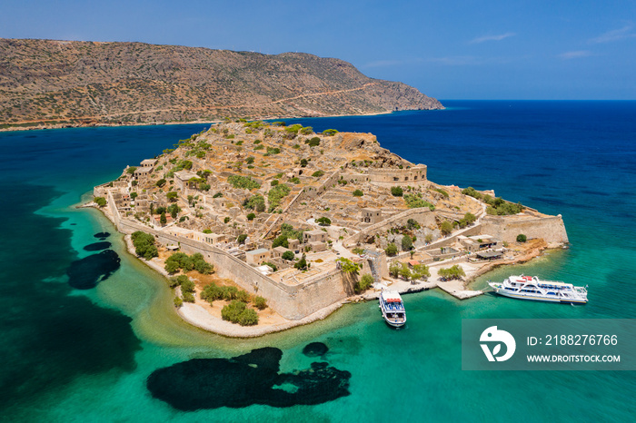 Aerial drone view of the ruins of the ancient Venetian fortress on the island of Spinalonga on the Greek island of Crete