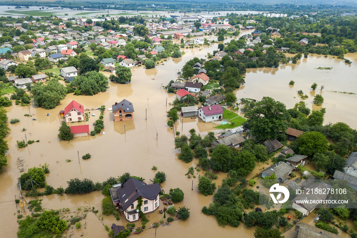 Aerial view of flooded houses with dirty water of Dnister river in Halych town, western Ukraine.