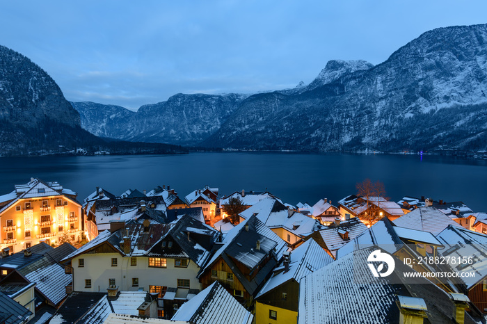 Panoramic view of the ancient city oh Hallstatt with lake Hallstaetter See, upper austria