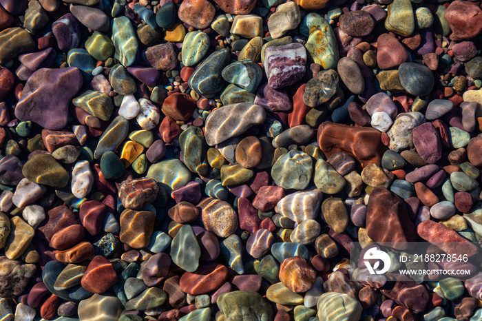 Colorful Rocks in a Glacier Lake during a sunny summer day. Taken in Lake McDonald, Glacier National Park, Montana, USA.