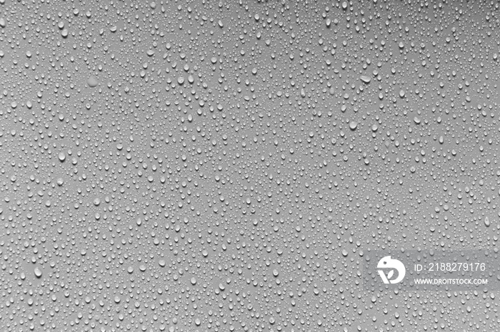 Water droplets on gray background covered with water droplets, bubbles in water.