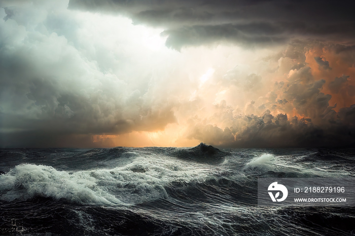 3D Illustration, Digital Art, a storm in the middle of the ocean with extremely agitated huge waves and dangerous thunders in the background.