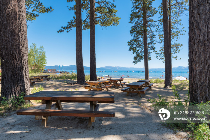 Picnic area in Tahoe Lake in Sierra Nevada, California, USA