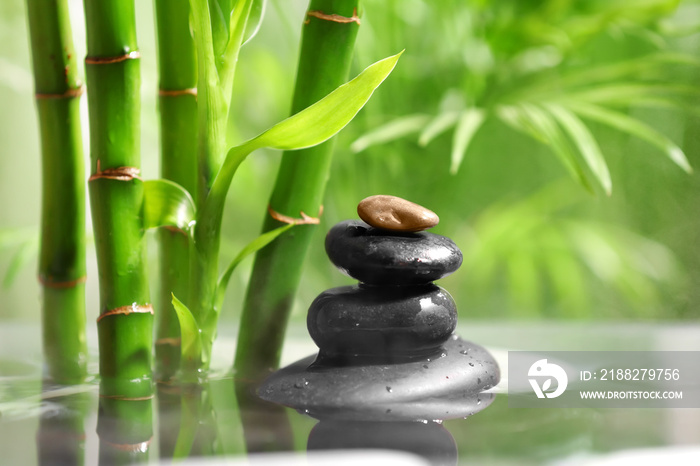 Lake with stack of spa stones and bamboo in tropical garden