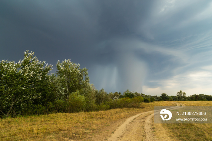 Dramatic storm and microburst cloud with rain over country road in rural area