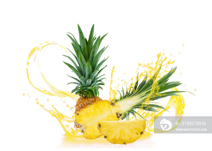 close-up of whole and half fruits and sliced pineapple with splashing pineapple juice isolated on white background