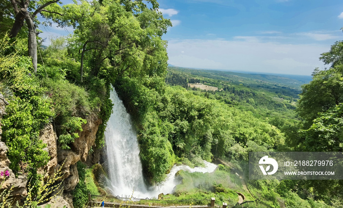 edessa waterfalls in spring season among green trees in greece