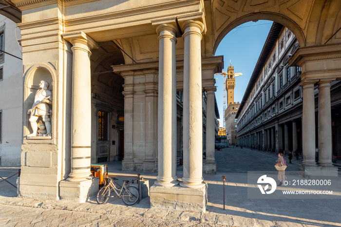 Morning street view on facade of Uffizi museum in Florence. Concept of italian renaissance architecture and travel