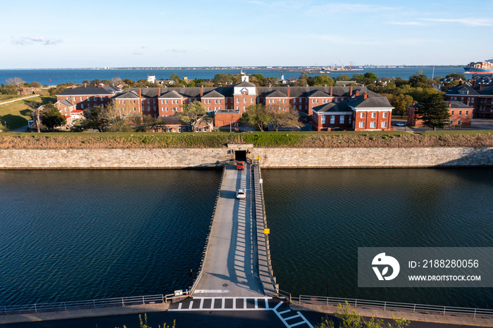 Aerial View of cars driving on a bridge leading to leading to Fort Monroe in Hampton