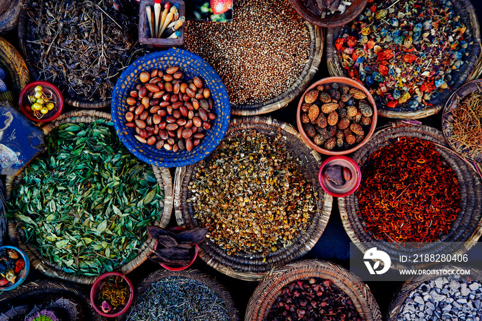 Exotic colorful spices on moroccan street market.