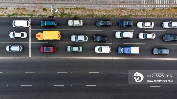 Aerial. Traffic jam with a lot of cars on a highwayt. Peak hour. Top view from drone.