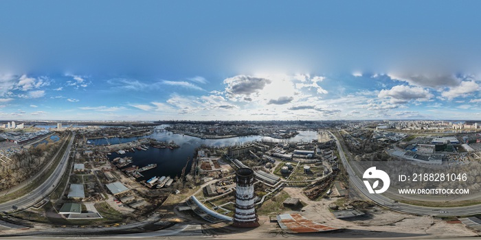 360 degree aerial view of an industrial factory with workshops and work sites in the city