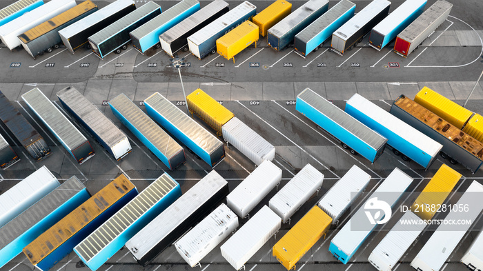 Aerial view of trucks in a distribution center, a large logistics center