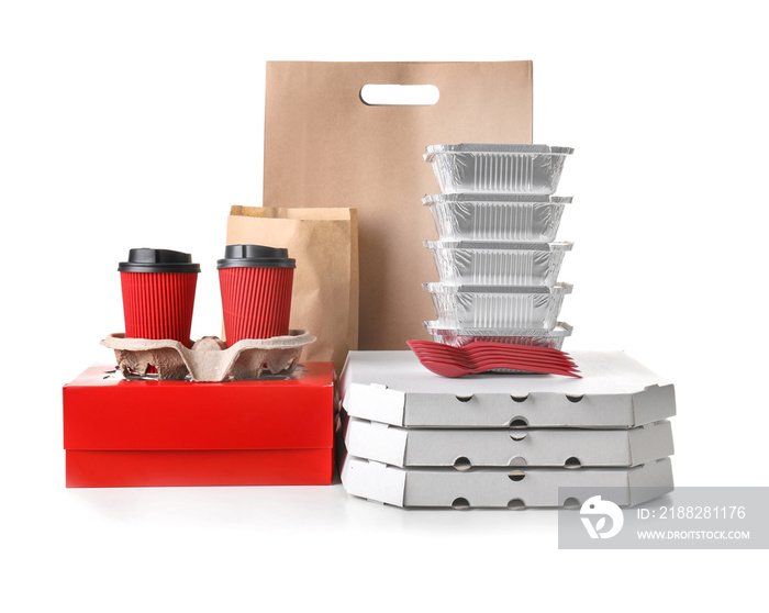 Different types of packages on white background. Food delivery service