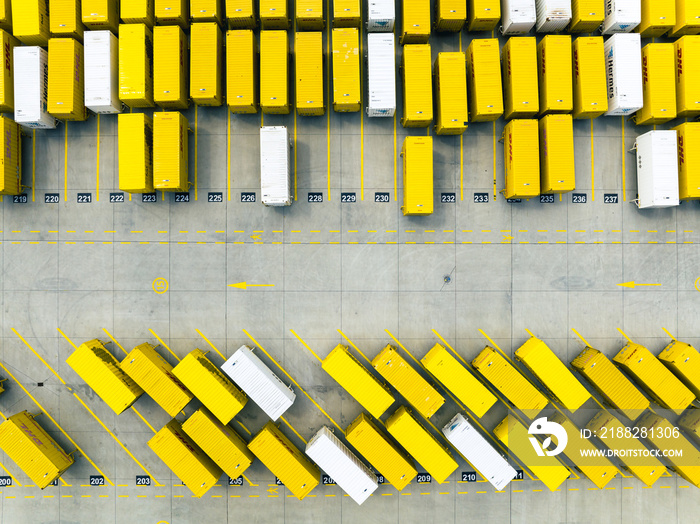 Aerial view of intermodal yellow containers at cargo port. View from above.