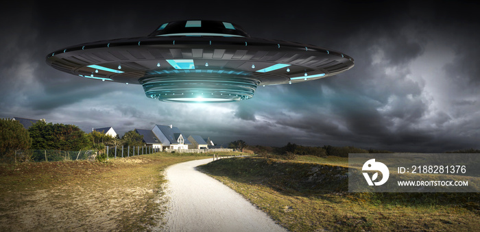 UFO invasion on planet earth landascape 3D rendering