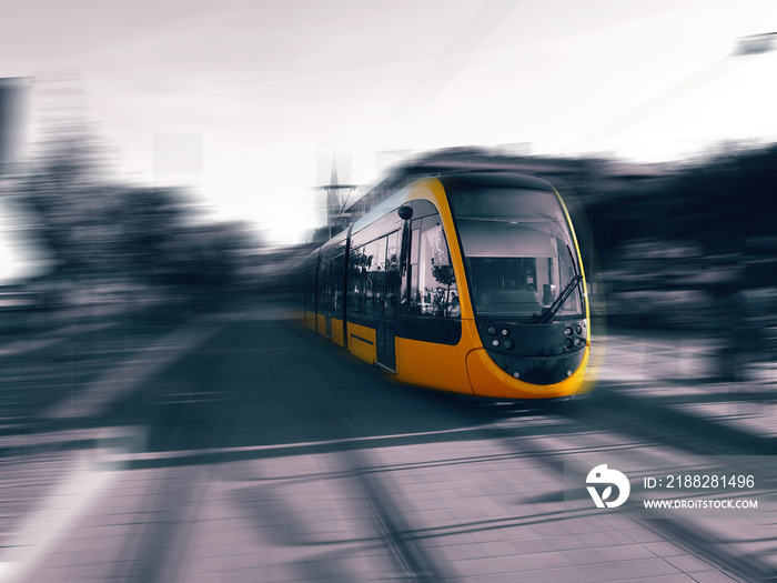 Yellow modern tram in Budapest, Hungary